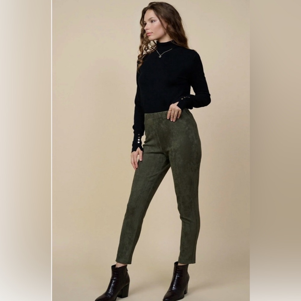 One 5 One Olive Green Faux Suede High Rise Skinny Pants Pull On Stretch Leggings